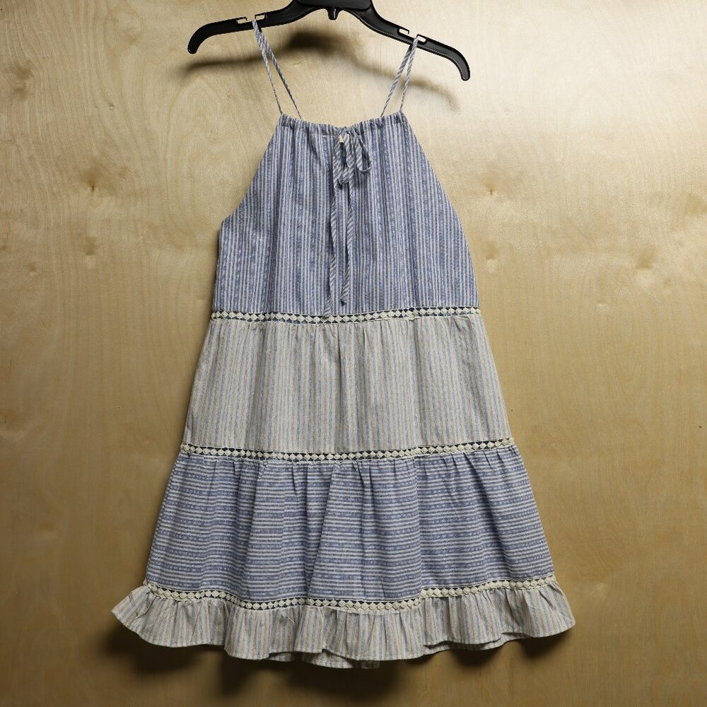 altar'd state Flowy Tiered Blue and Tan Stripe Ruffle Bottom Dress Women's Sz Sm